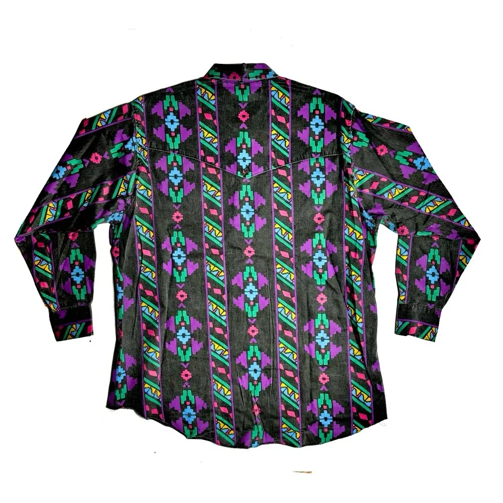 Vintage Wrangler Brushpopper Aztec Western Cowboy Shirt Size 17.5x35 Thick Black - Picture 5 of 7